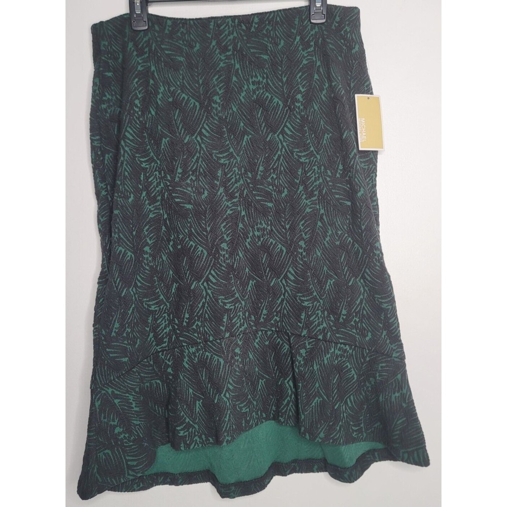 Michael Kors Pencil Skirt Womens Large Green Black Floral Leaf Ruffle Mermaid